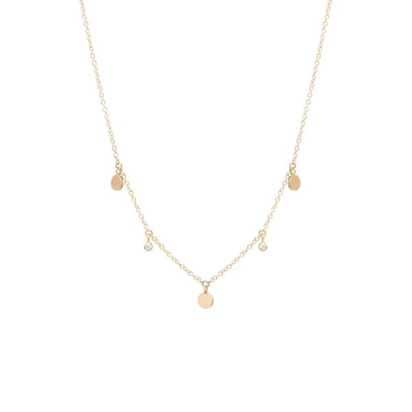 14K Yellow Gold 3 Itty Bitty Round Disc Charm Necklace with Dangling Diamonds