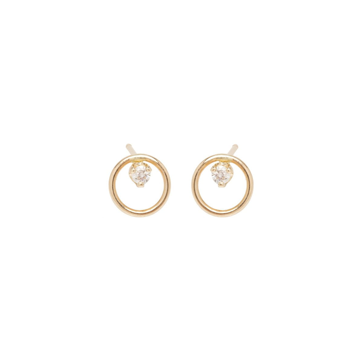 14K Yellow Gold Small Circle Studs with Prong Set Diamond - M. Flynn