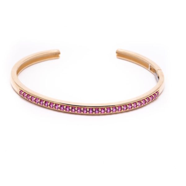 Hinged Shared Prong Cuff Bracelet with Pink Sapphires in 14K Yellow Gold