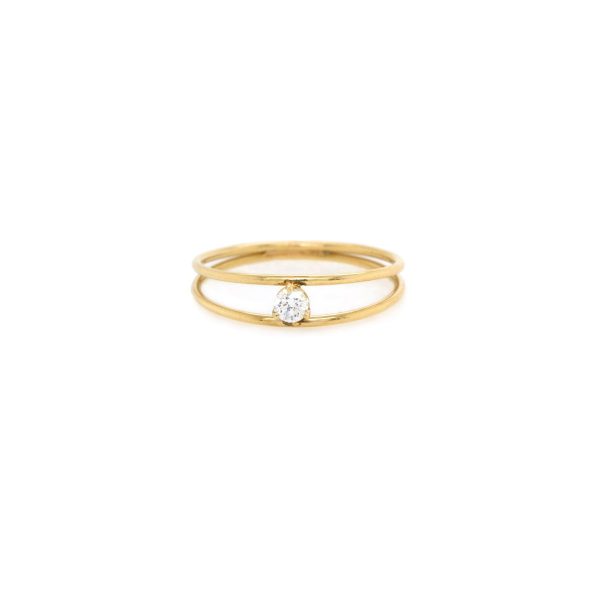 Double Band Ring With Prong Set Diamond in 14K Yellow Gold