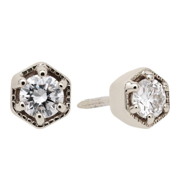 Tiny Hexagon Stud Earrings 14K White Gold Diamond