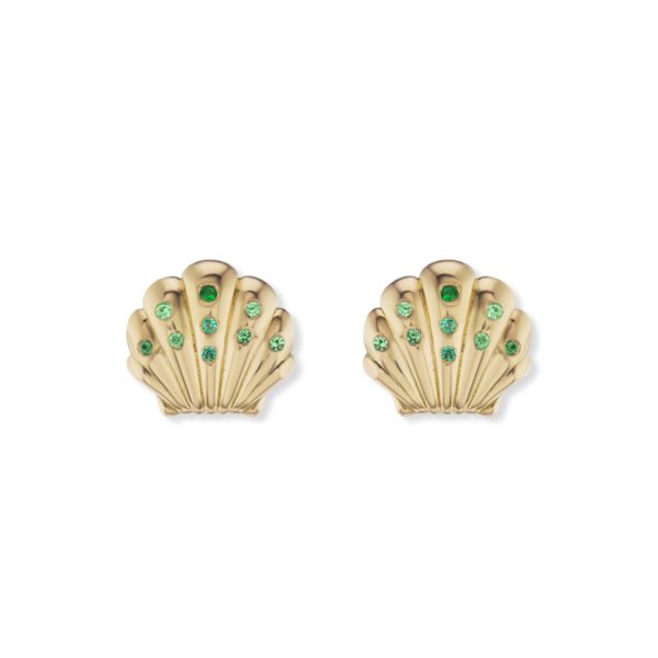 Gold Shell Earrings with Emeralds