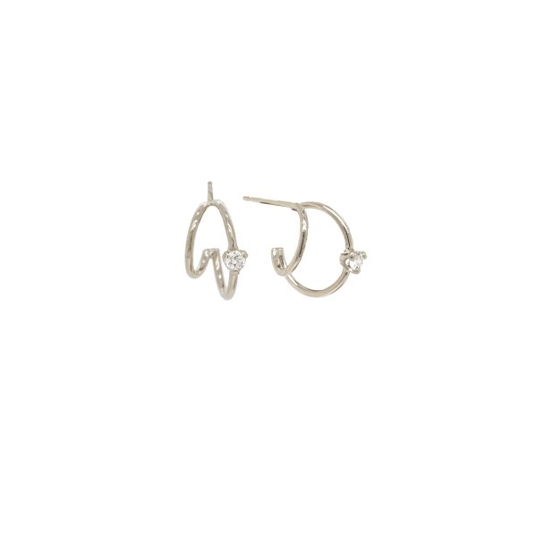 Double Wire Huggie Hoops with Diamond in White Gold