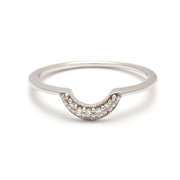 Tiny Crescent Band with White Diamonds in 14K White Gold