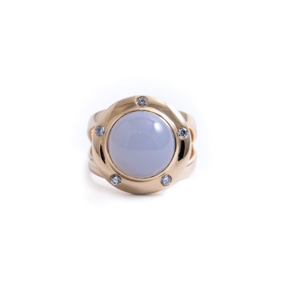 Chalcedony Saucer Ring with Diamonds 14K Yellow Gold 7