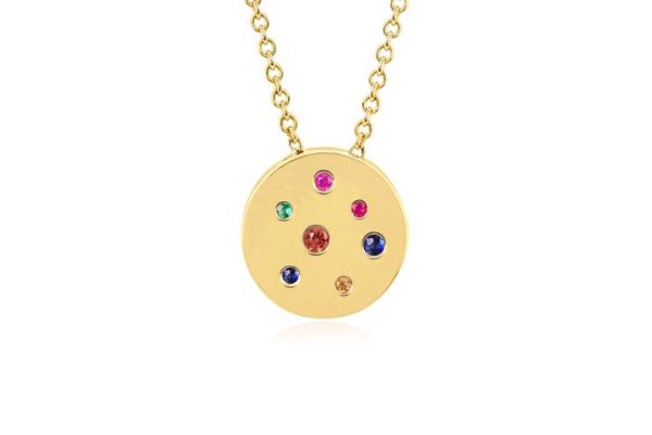 Mini Rainbow Speckled Disc Necklace in Yellow Gold