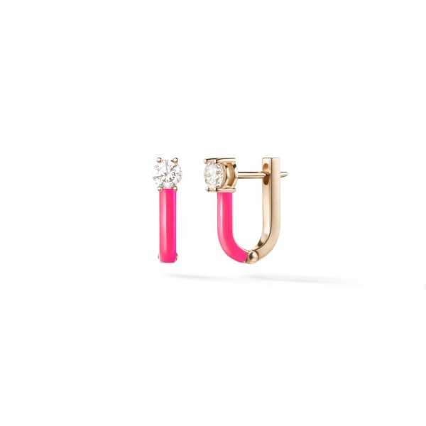 Aria U Huggie Hoop in 18K Rose Gold with Neon Pink Enamel and Diamond