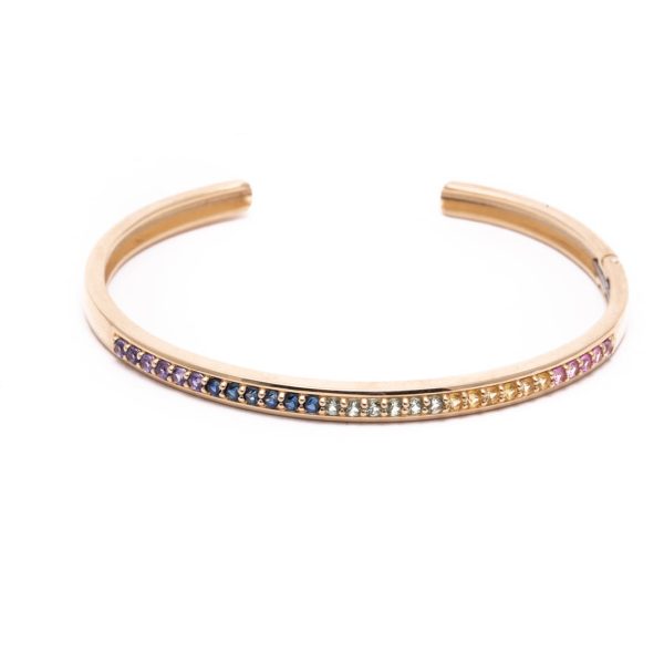 Hinged Shared Prong Cuff Bracelet with Rainbow Sapphires in 14K Yellow Gold