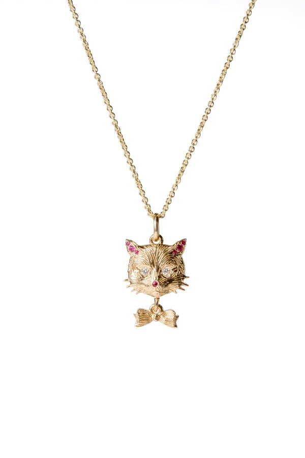 Diamond Accented Cat and Bowtie Charm with Ruby ears