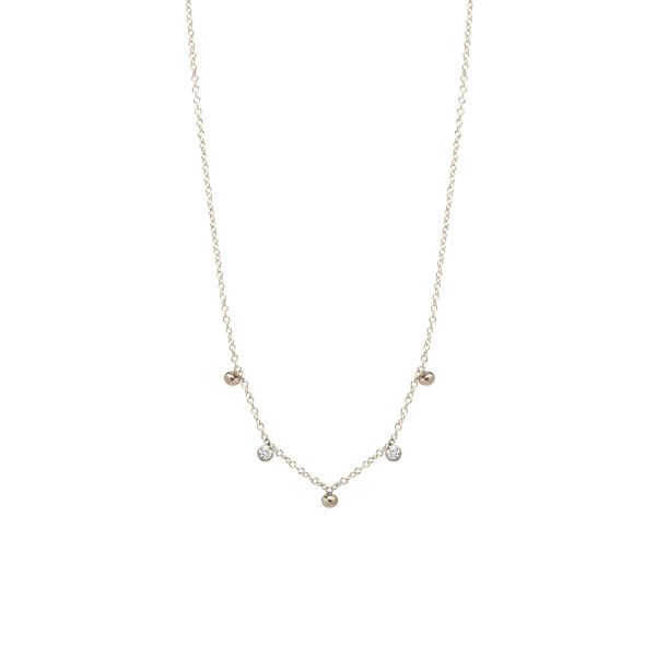 14K White Gold Scattered Tiny Bead and Diamond Necklace