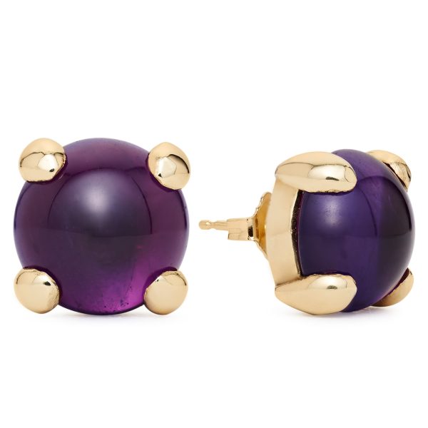 Oversized Gemstone Cabochon Stud Earrings with Amethyst in 18K Yellow Gold