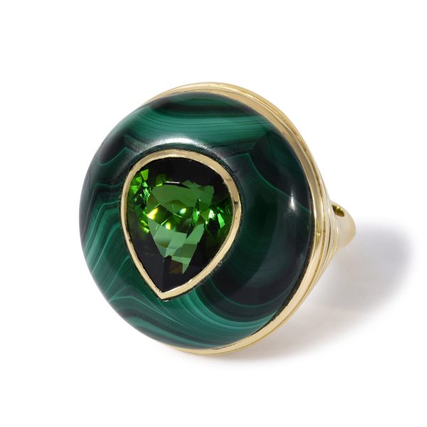 Large One of a Kind Lollipop Ring in Green Tourmaline in Malachite