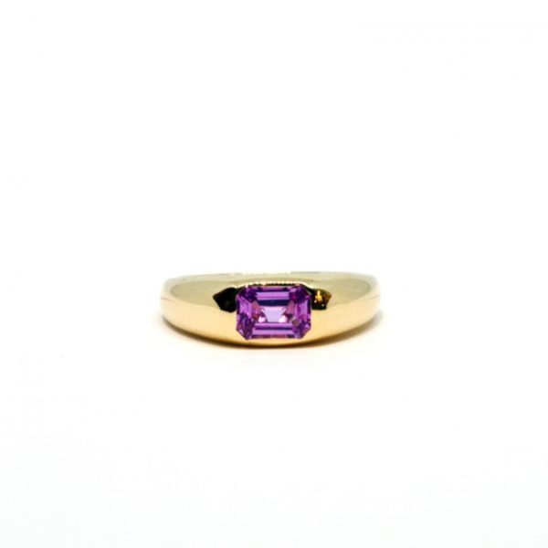 Emerald Cut Pink Sapphire Dome Ring In 14K Yellow Gold