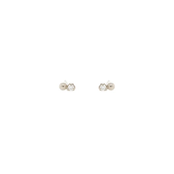 Bead and Diamond Stud Earring Pair in White Gold