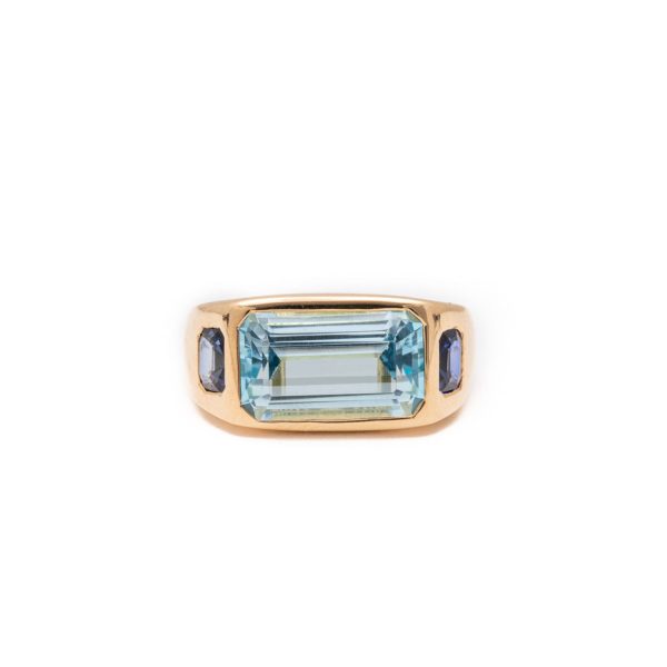 Three Stone Gypsy Ring in 18K Yellow Gold with Blue Topaz and Sapphires