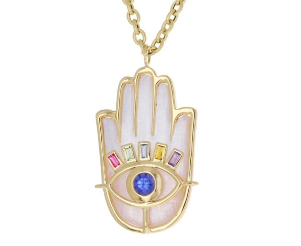 Moonstone Hamsa Pendant in 18K Yellow Gold with Multi Colored Sapphires