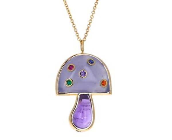 Mini Mushroom Pendant Blue Chalcedony and Amethyst with Multi-Colored Sapphires