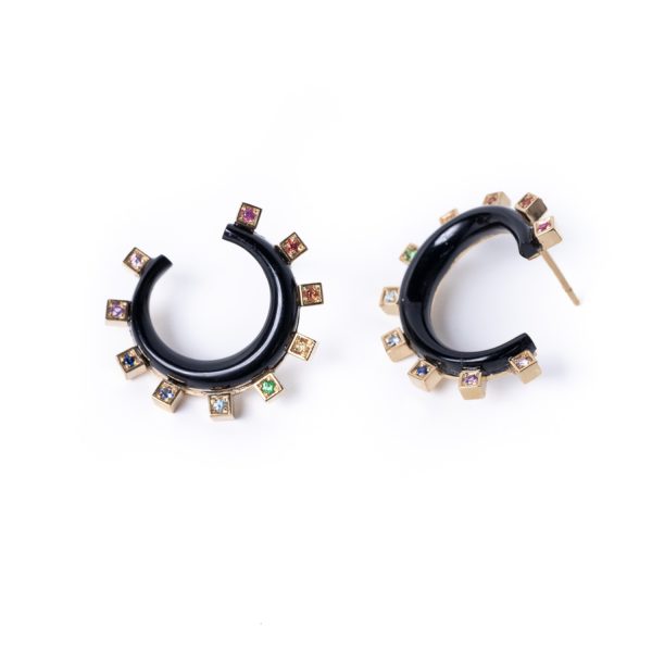 Black Onyx and Rainbow Sapphire Mini Monroe Crescent Earrings
