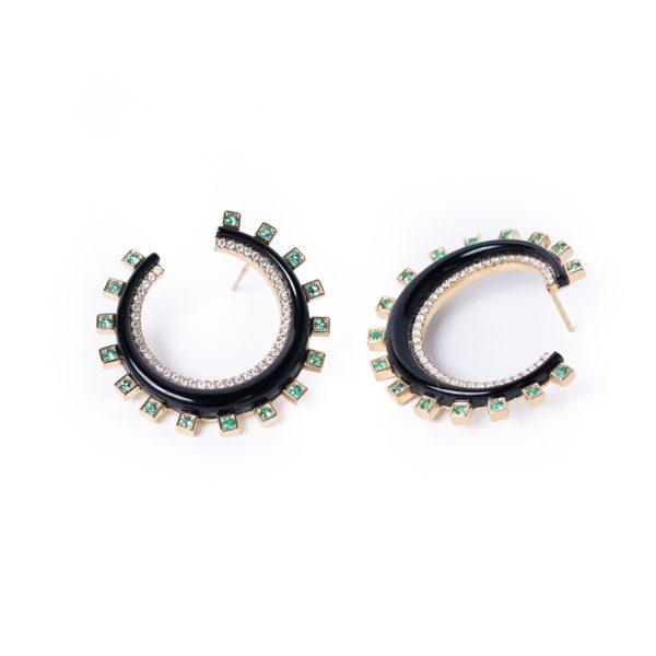 Black Onyx and Emerald Monroe Crescent Earrings