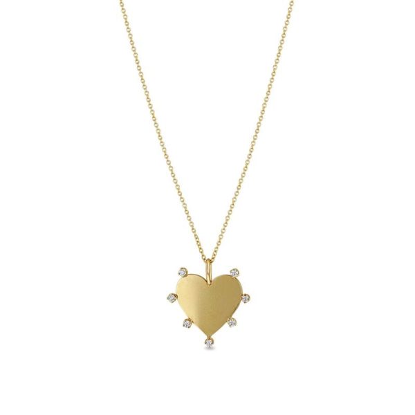 14K Yellow Gold Medium Heart Necklace with 7 Prong Set Diamonds