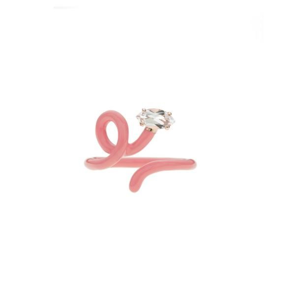 Baby Vine Tendril Ring with Rock Crystal and Coral Pink Enamel