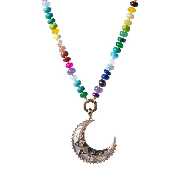 Major Moon Pendant on 18″ Rainbow Stone Foundation Necklace