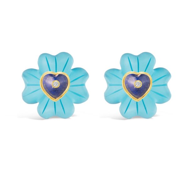 Medium Clover & Puff Heart Stone Inset Studs in Turquoise and Lapis