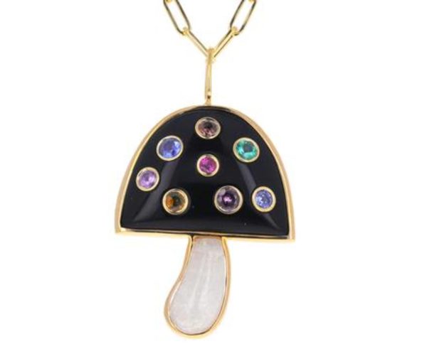 Large Mushroom Pendant in Black Onyx and Moonstone with Multi Colored Sapphires