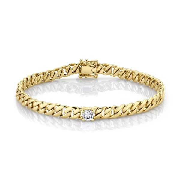 Medium Cuban Link Bracelet with a Round Diamond in 18K Yellow Gold