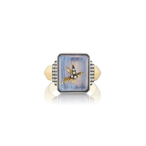Hummingbird Signet Ring in Blue Lace Agate Size 4