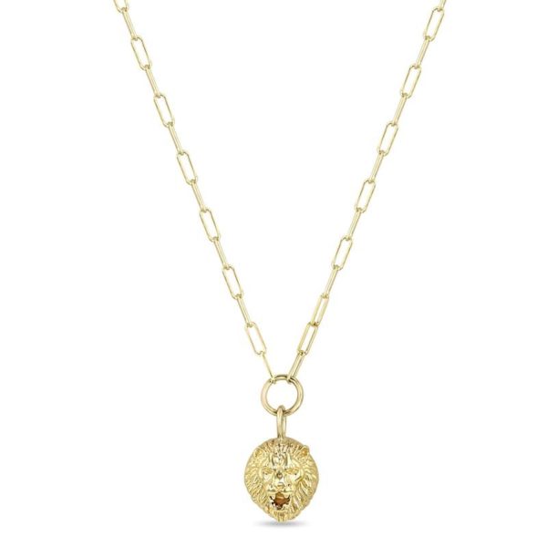 14K Gold Small Paperclip Chain with Lion Head Charm