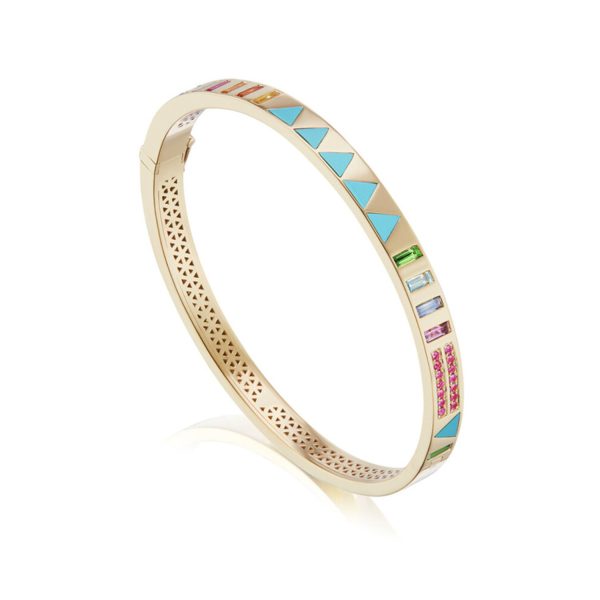 Turquoise and Multi Colored Sapphire Triangle Inlay Juju Bangle in 18K Yellow Gold