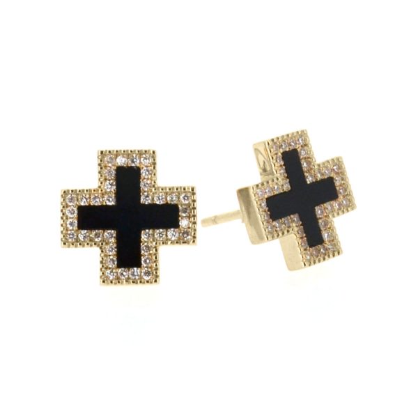 Pave Black Onyx Inlay Heirloom Studs in 14K Yellow Gold