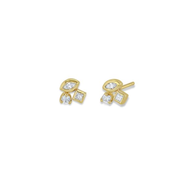 Mixed Cut Cluster Diamond Studs in 14K Yellow Gold (Pair)
