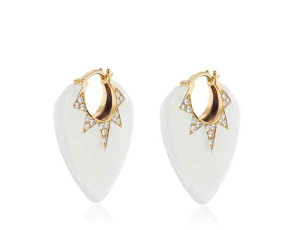 Small White Onyx and Diamond Guitar Pick Earrings in 18K Yellow Gold