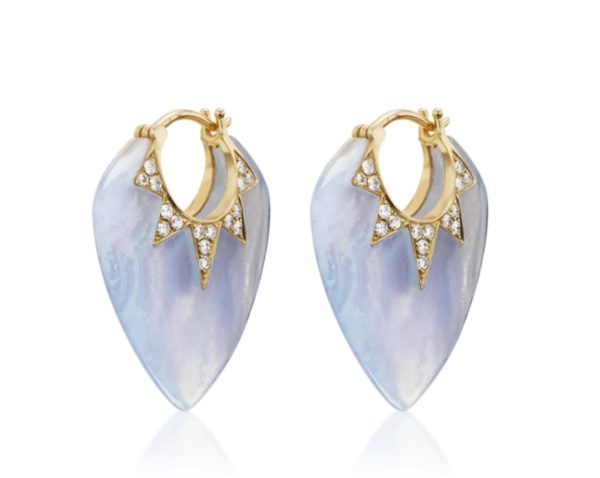 Small Blue Lace Agate and Diamond Guitar Pick Earrings in 18K Yellow Gold