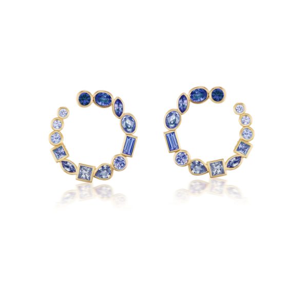Blue Sapphire Monroe Bezel Crescent Earrings in 14K Yellow Gold