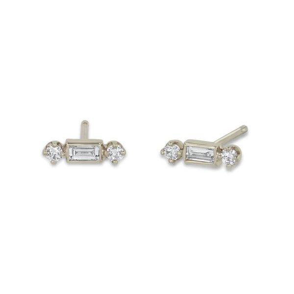 Baguette and 2 Prong Diamond Studs in 14K White Gold