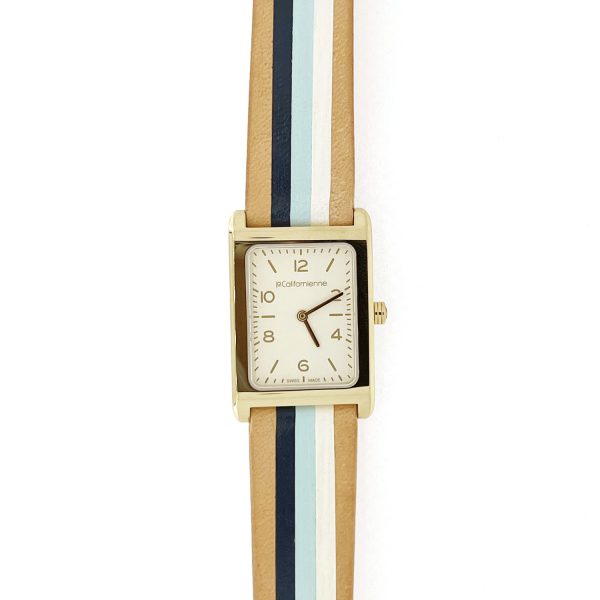 Daybreak 24mm Yellow Gold Plated Watch with Cream Face and Navy, Light Blue, and White Strap