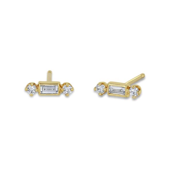 Baguette and 2 Prong Diamond Studs in 14K Yellow Gold (Pair)