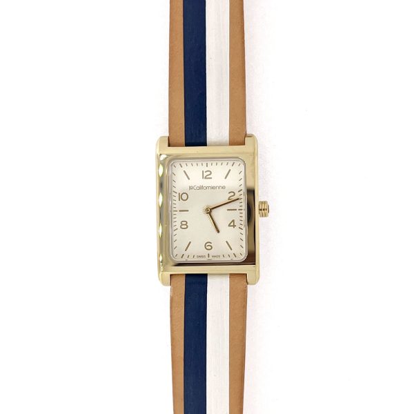 Daybreak 24mm Yellow Gold Plated Watch with Cream Face and Navy and White Strap