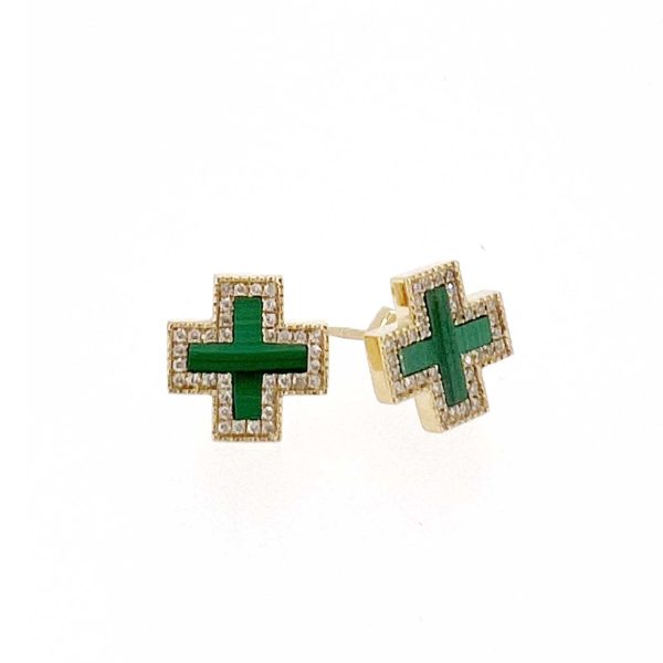 Pave Malachite Inlay Heirloom Studs in 14K Yellow Gold
