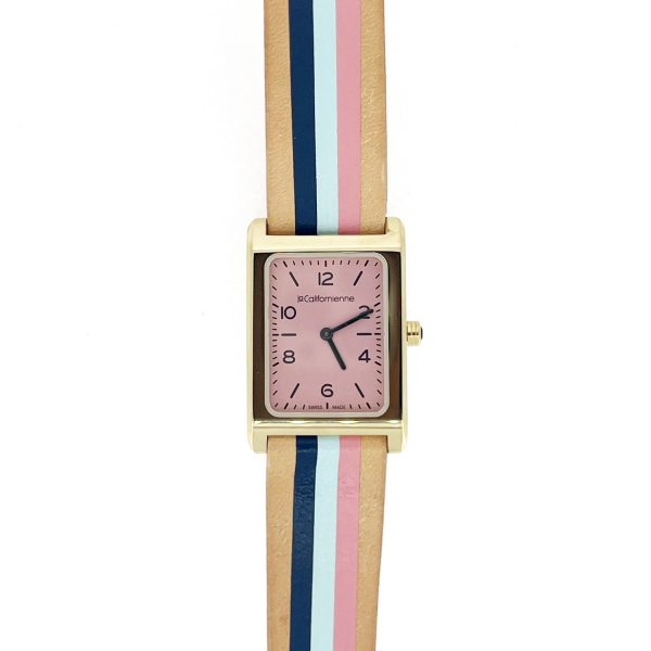 Daybreak 24mm Yellow Gold Plated Watch with Flamingo Face and Blue and Pink Strap