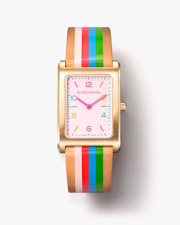 Daybreak 24mm Yellow Gold Plated Watch with Pastel Pink Face and Rio Rainbow Strap