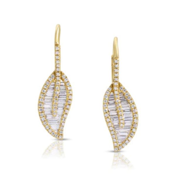Leaf Drop Earrings with Pave Diamond Stem in 18K Yellow Gold
