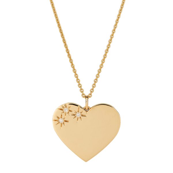 Engravable Large Heart Charm with 3 Star-Set Diamonds in 14K Yellow Gold