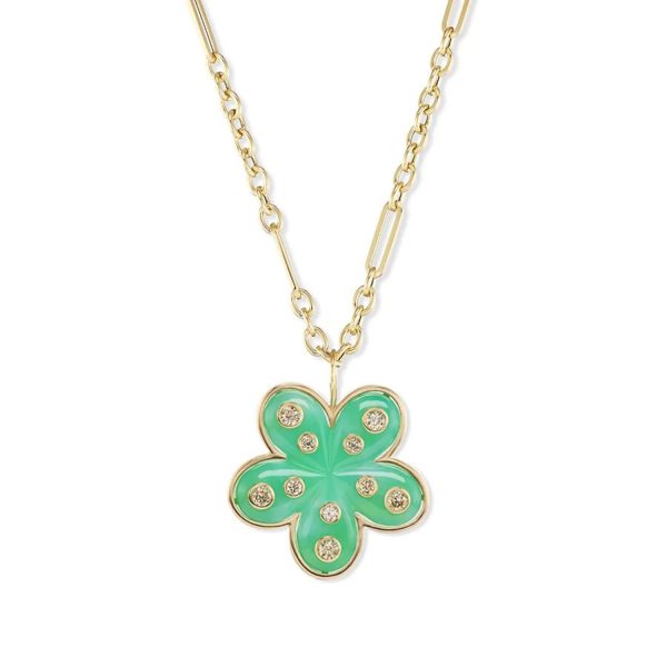 Carved Stone Petal Flower Pendant Chrysoprase and Champagne Diamond