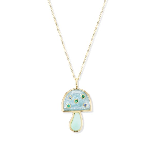 Aquamarine and Peruvian Opal Mini Mushroom Necklace with Sapphires and Emeralds