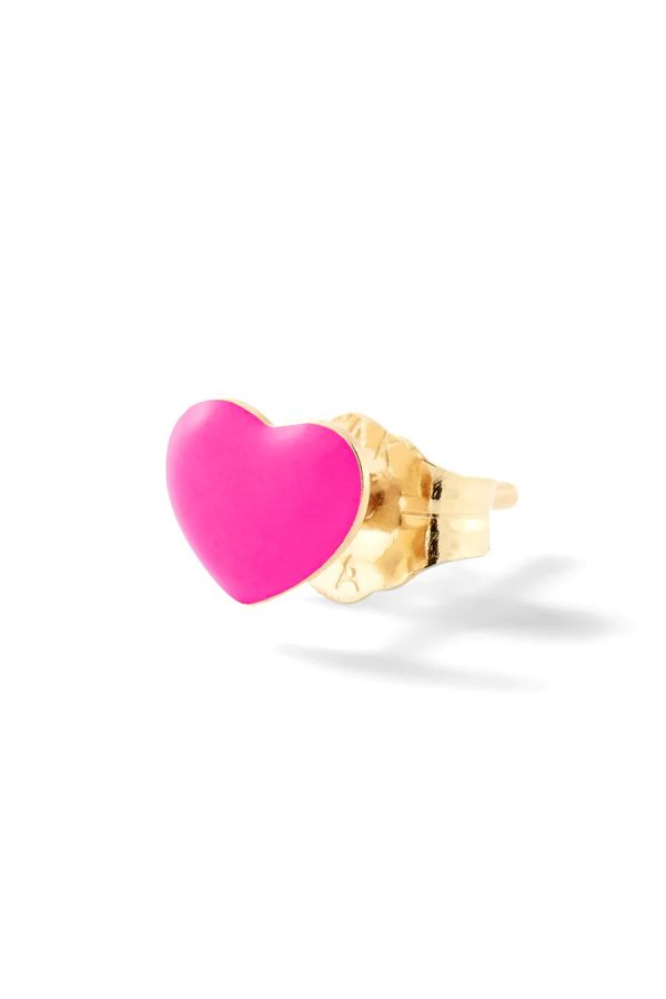 Mini Neon Pink Puffy Heart Stud in 14K Yellow Gold