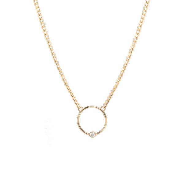 14k Extra Small Curb Chain Diamond Bezel Circle Necklace 18″